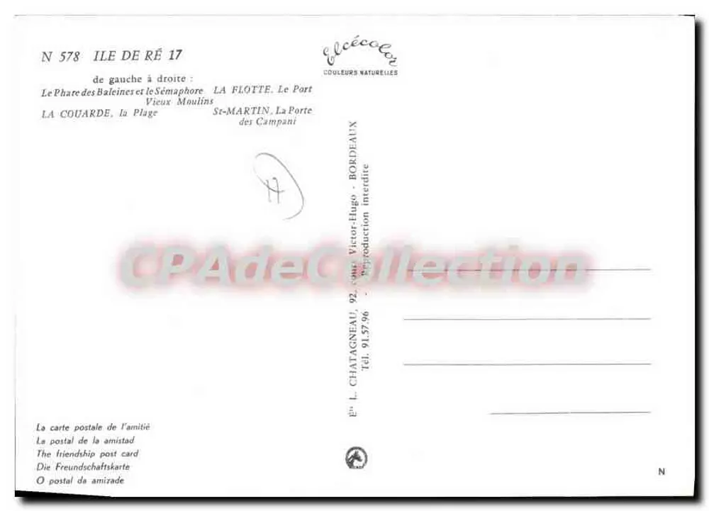 Ilha de Ré — Farol, porto, moinho, praia — Editor Écécélen, n° 578 - Verso