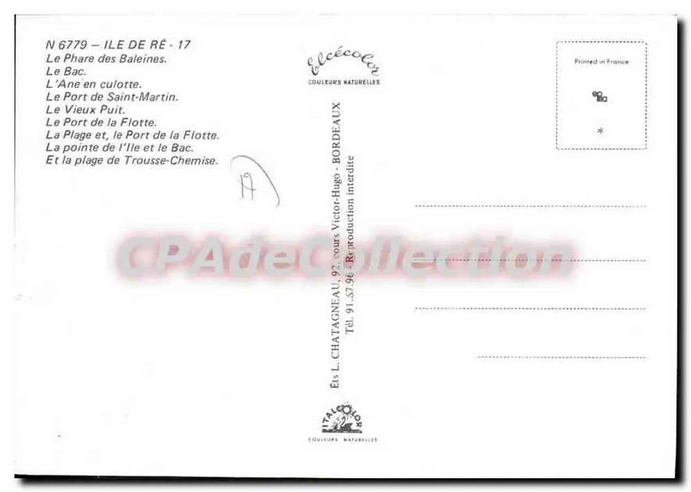 A Ilha de Ré — Lembrete da Ilha de Ré — Editor L. Chatagneau, n° 6779 - Verso