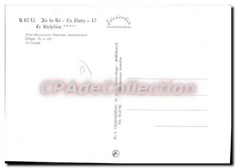 Hotel-Restaurante Turismo Internacional — Le Richelieu — Ilha de Ré — La Flotte — editor Elcé - Verso