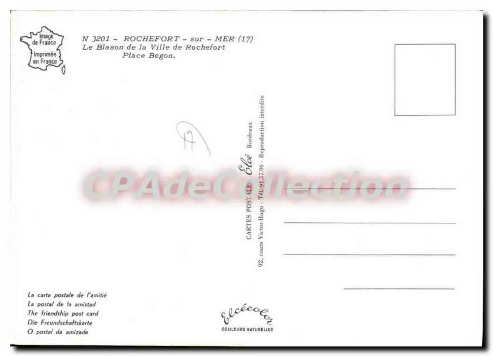 Stadt Rochefort-sur-Mer — Wappen der Stadt Rochefort Place Begon — Verlag Elcée, Nr. 3201 - Rückseite