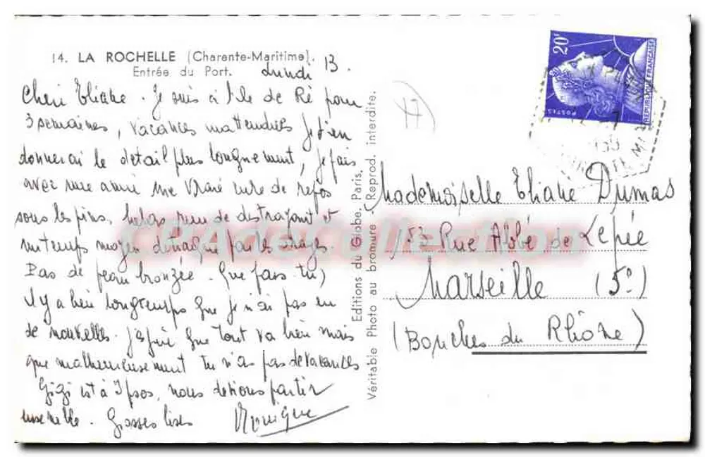 La Rochelle — Entrada do Porto — Éditions du Globe, Paris, n°14 - Verso