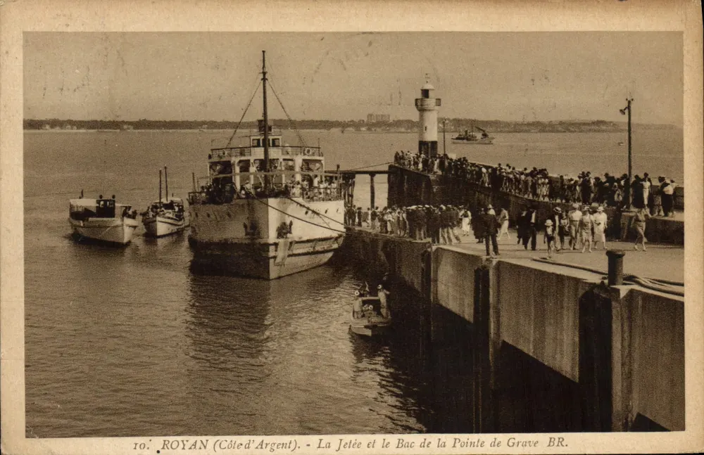 Royan (Côte d'Argent) — La Jetée e il Bac della Punta di Grave — Bloc Frères, Bordeaux, n° 0 - Recto