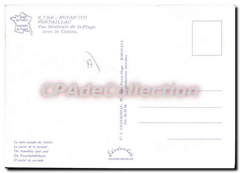 Pontaillac — Vista Geral da Praia com o Casino — Impressa na França, n° 7348 - Verso