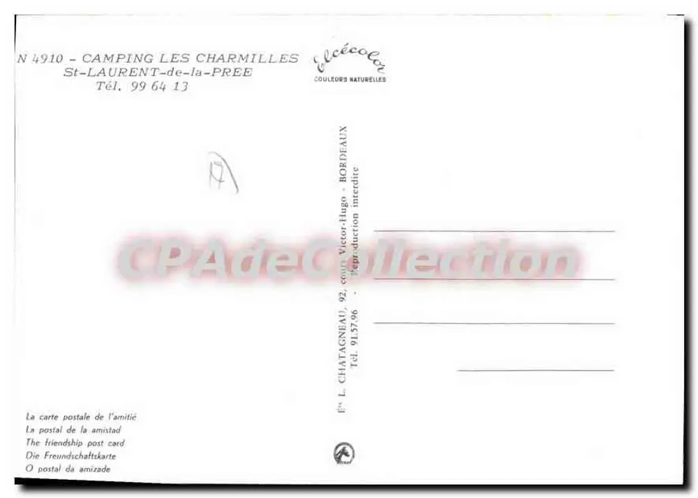 Camping Les Charmilles — St-Laurent-de-la-Pree — Editor L. Chatagnéau, N° 4910 - Verso