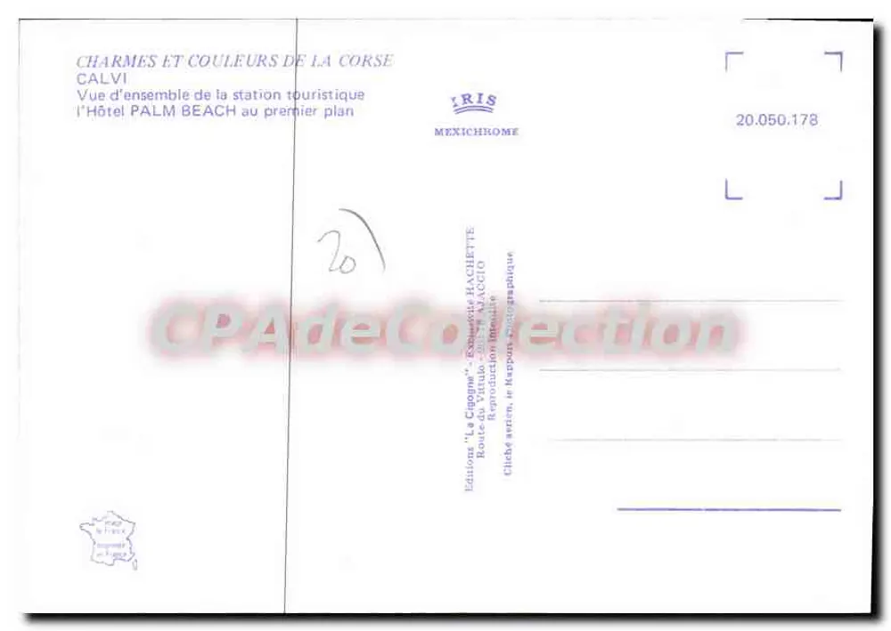 Calvi — Übersicht des Touristenortes, Hotel Palm Beach im Vordergrund — Éditions 'Le Cigogne', Mexichrome - Rückseite