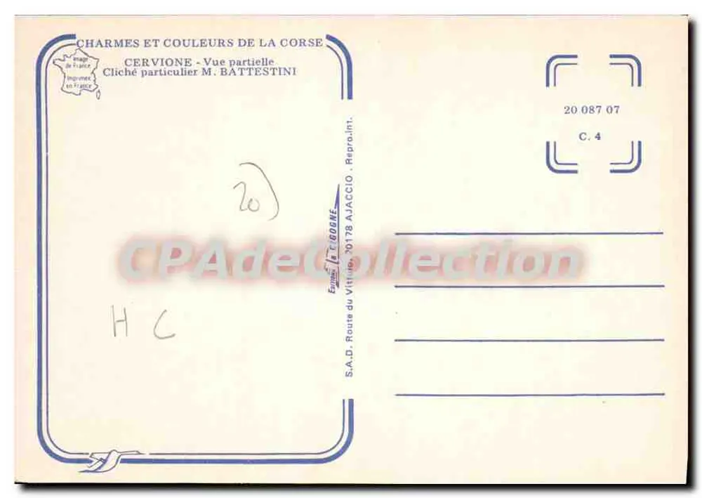 Cervione — Vista parcial — Cliché particular M. Battestini, editado por S.A.D. Route du Vittorio, 1978 - Verso