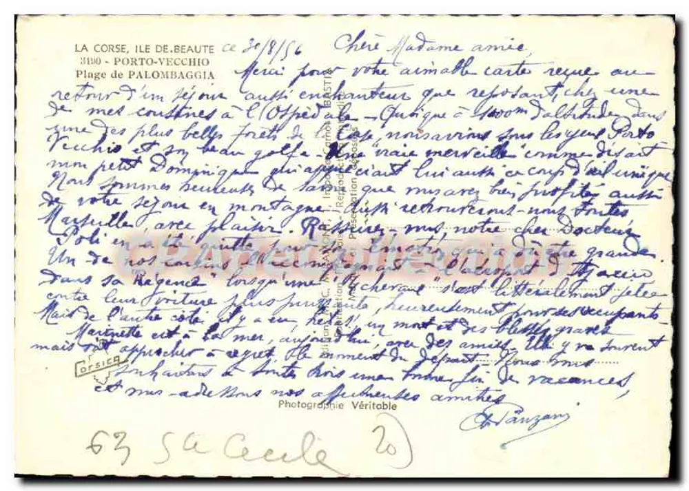 Porto-Vecchio - Córsega. Praia de Palombaggia — Córsega, editor Corsica, n° de série 63 - Verso