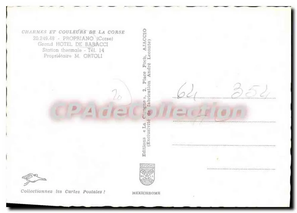 Grand Hotel de Baracci — Propriano (Corse) — Éditions La Cigogne - Verso