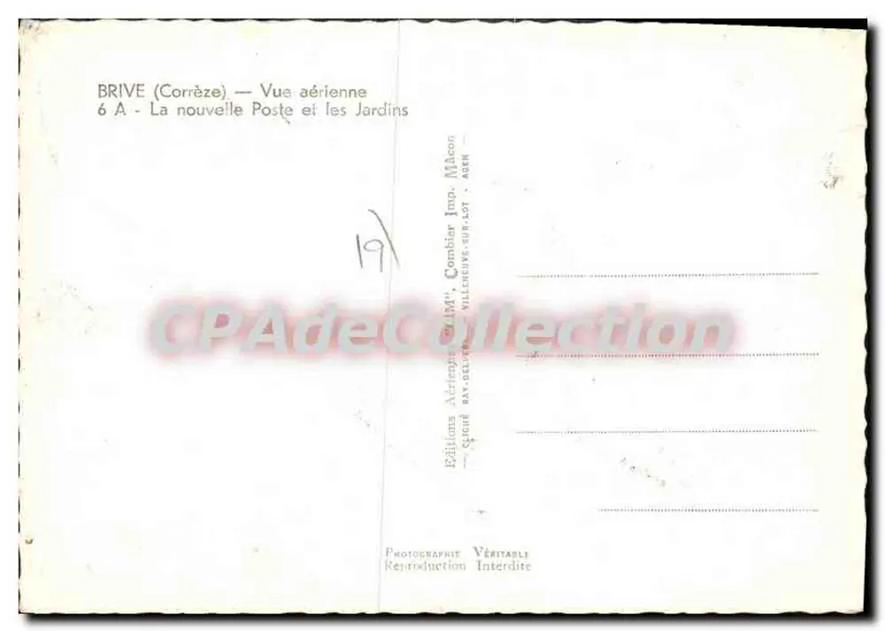 Brive (Corrèze) — Luftbild — Die Neue Post und die Gärten — Aériennes Editions, Combier Imp. Mâcon - Rückseite
