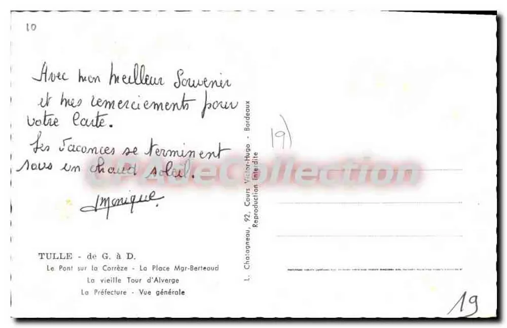 Tulle — Souvenir de Tulle — L. Chatoigneau, 92, Cours Victor-Hugo - Rückseite