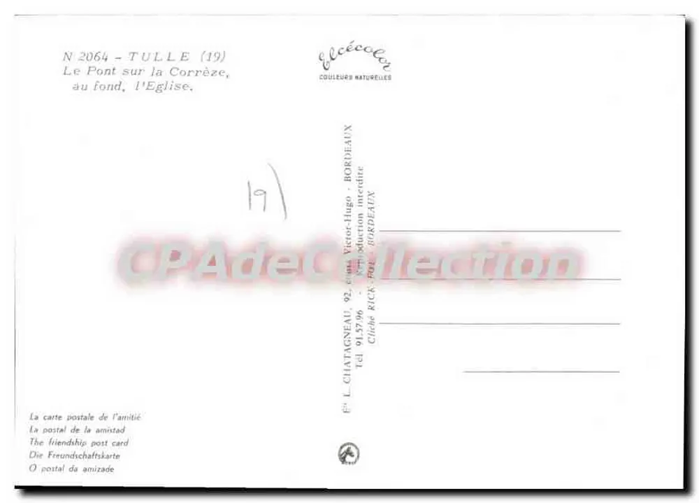 Tulle (19) — Die Brücke über die Corrèze, im Hintergrund die Kirche — Verlag Elcée, Nr. 2064 - Rückseite