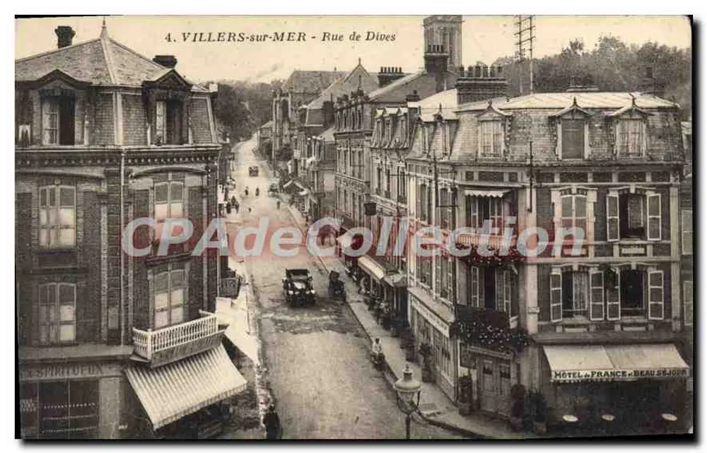 Villers-sur-Mer - Rue de Dives — vista da rua com edifícios e carro — editor Hôtel France Beau Sejour - Frente