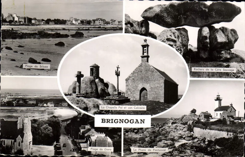 Brignogan — Panoramablick mit Kapelle Pol, den Felsen der Wildküste und den Stränden - Vorderseite