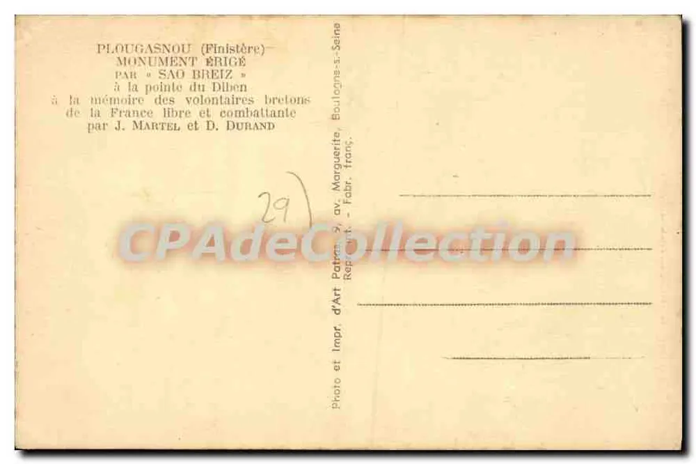 प्लूगास्नौ के स्मारक — जॉएल मार्टेल द्वारा ड्रॉइंग — प्रकाशक जे. मार्टेल एवं डी. डुरांड - पीछे