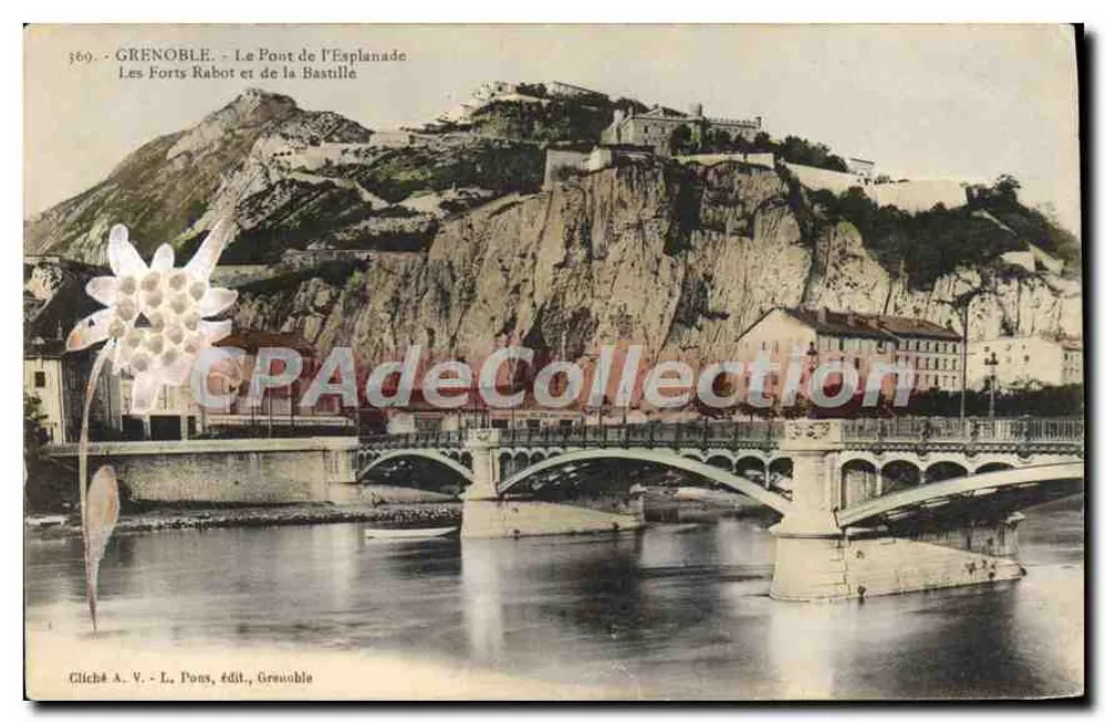 Grenoble — Brücke der Esplanade, Festungen Rabot und Bastille — Cliché A. V. - L. Pons, Verleger, Grenoble - Vorderseite