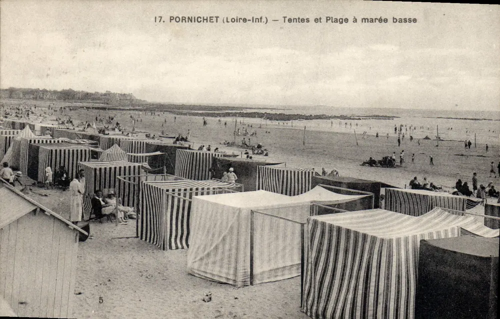 Pornichet (Loire-Inf.) — Tenty i plaża przy niskiej wodzie — F. Chapeau, wydawca, Nantes - Awers