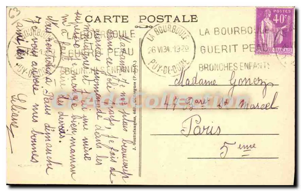 La Bourboule — Cume da Roche des Fées — Édit. Gougnol - Verso