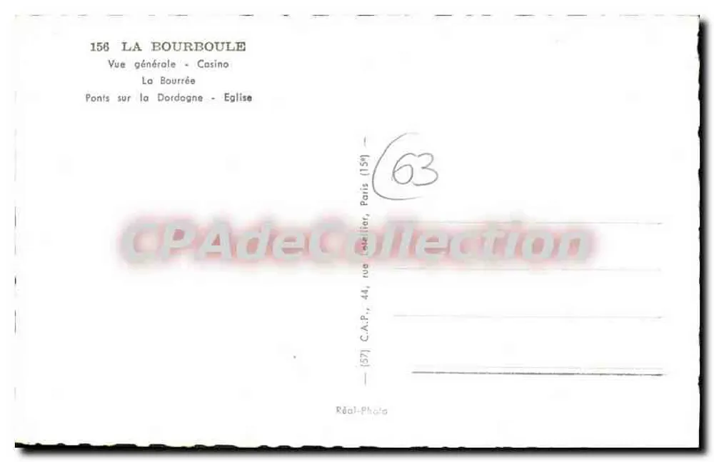 La Bourboule — Allgemeiner Blick, Casino, Brücken über die Dordogne, Kirche — C.A.P. Paris - Rückseite