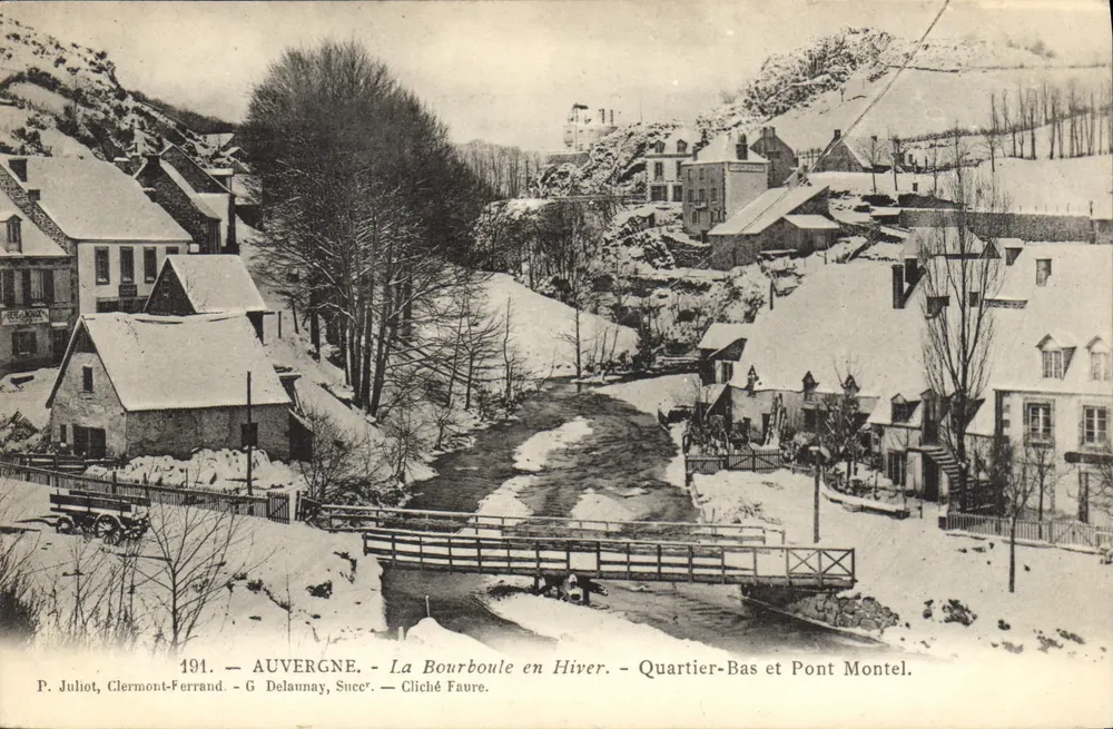 La Bourboule no Inverno — Quartier-Bas e Ponte Montel — P. Juliôt, Clermont-Ferrand — G. Delaunay, Sncer — Cliché Faure - Frente