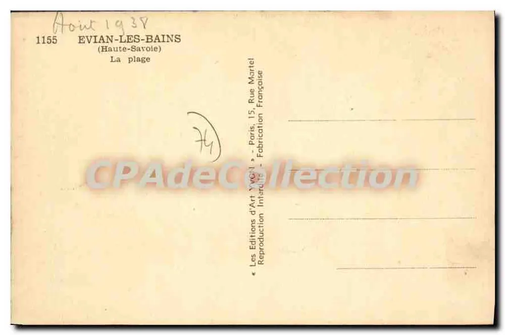 Évian-les-Bains — A praia — Éditions d'Art Yvon - Verso