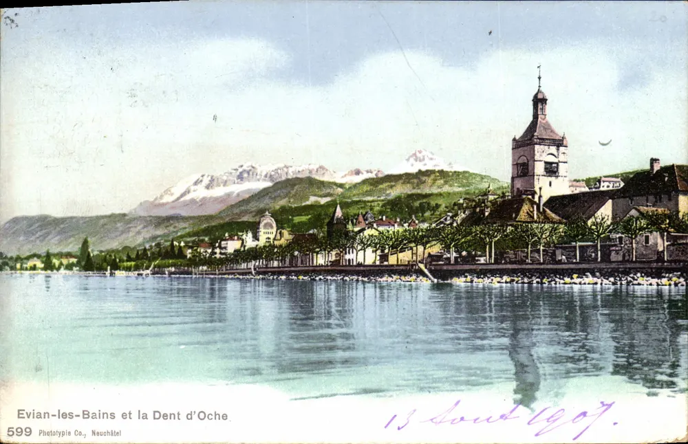 Evian-les-Bains e a Dent d'Ôche — Phototypie Co., Neuchâtel, n°599 - Frente