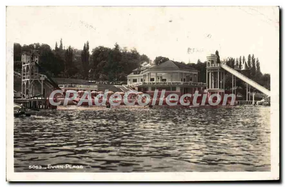 Evian-Plage — vista do parque aquático com tobogã e edifício — Bilhete postal antigo de Coleção n°5063 - Frente
