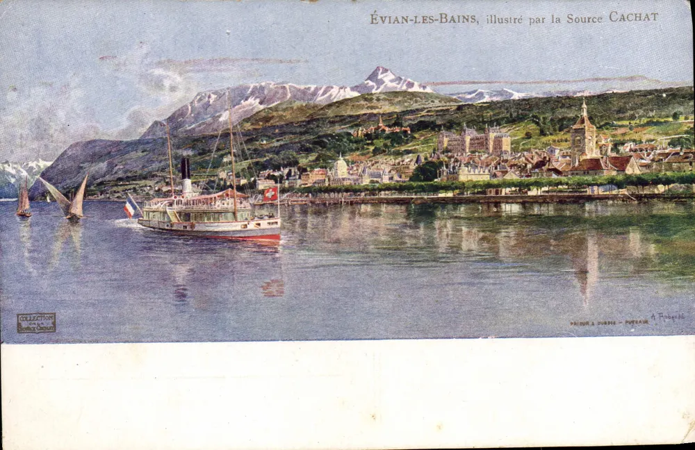 ÉVIAN-LES-BAINS, ilustrado pela Fonte CACHAT — Prisme A. DUBRE - PUTEAUX - Frente
