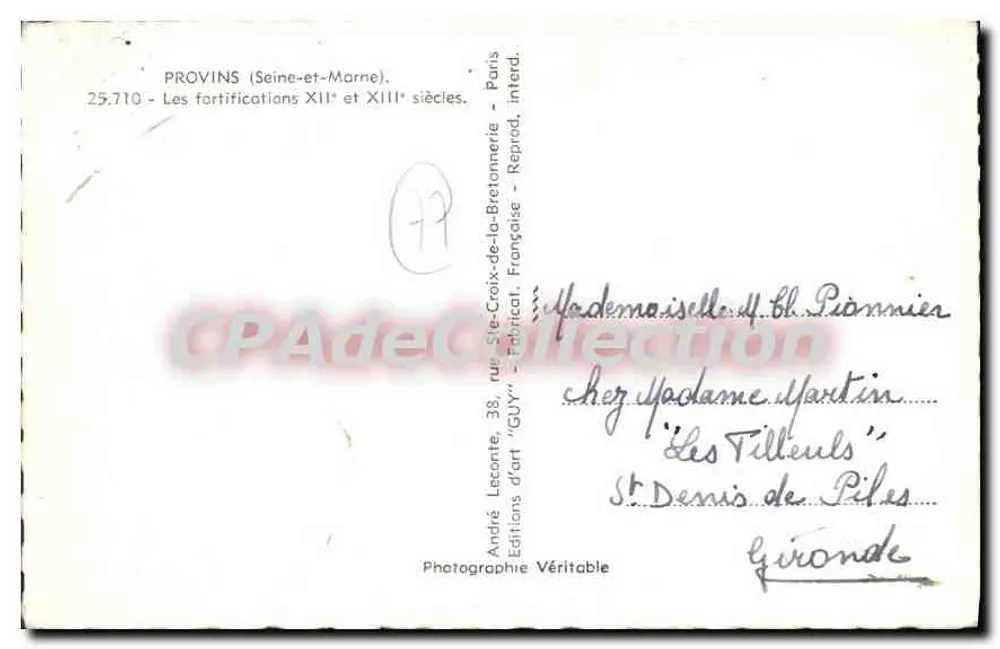 Provins — As fortificações dos séculos XII e XIII — Éditions GUY - Verso