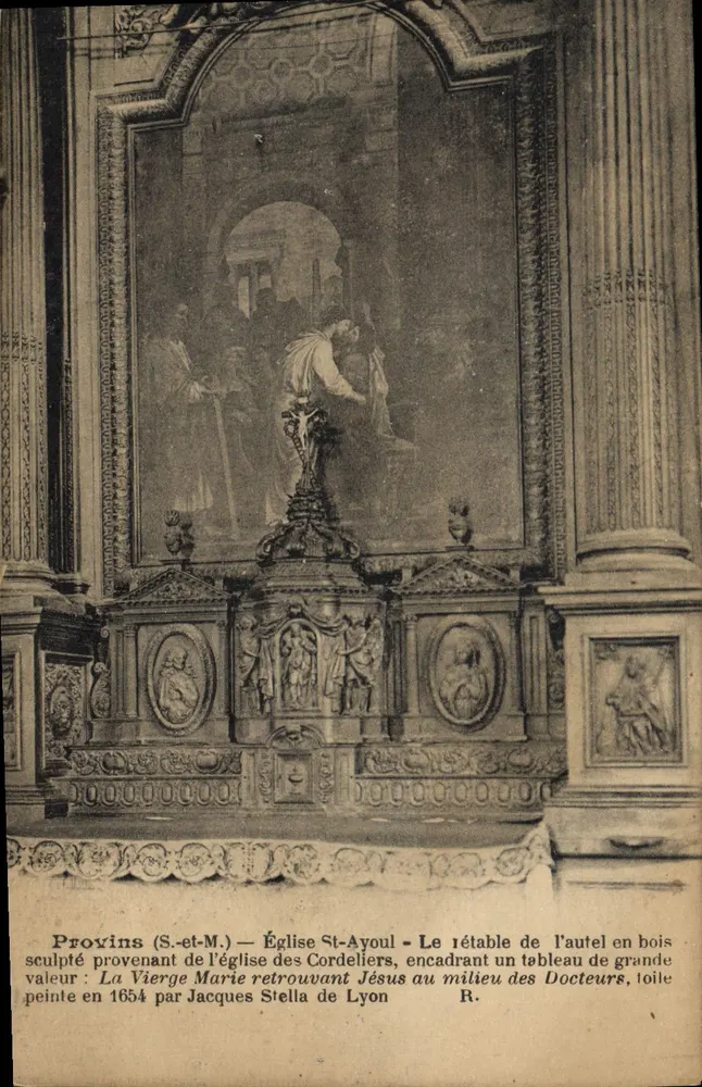 Provins (S.-et-M.) — Kirche St-Ayoul — Geschnitztes Holzretabel, das ein Gemälde der Jungfrau Maria, die sich mit Jesus unter den Doktoren trifft, umrahmt, gemalt von Jacques Stella aus Lyon im Jahr 1654 - Vorderseite