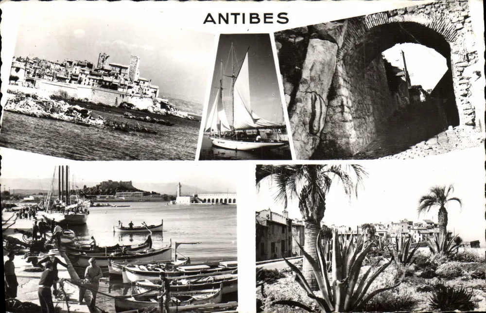 Antibes — vista panorâmica, barco a vela, arco romano, porto e palmeiras — Éditions S.E.P.T. n°9-128 - Frente