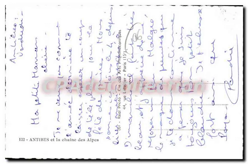 Antibes und die Alpenkette — 122 — Verlag Real Photo - Cie des Arts Photographiques - Rückseite