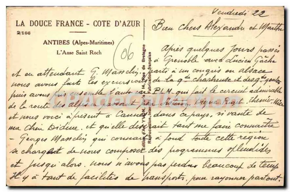 A Lângula São Roque — Antibes (Alpes-Maritimes) — edição Yvon, n°2/166 - Verso