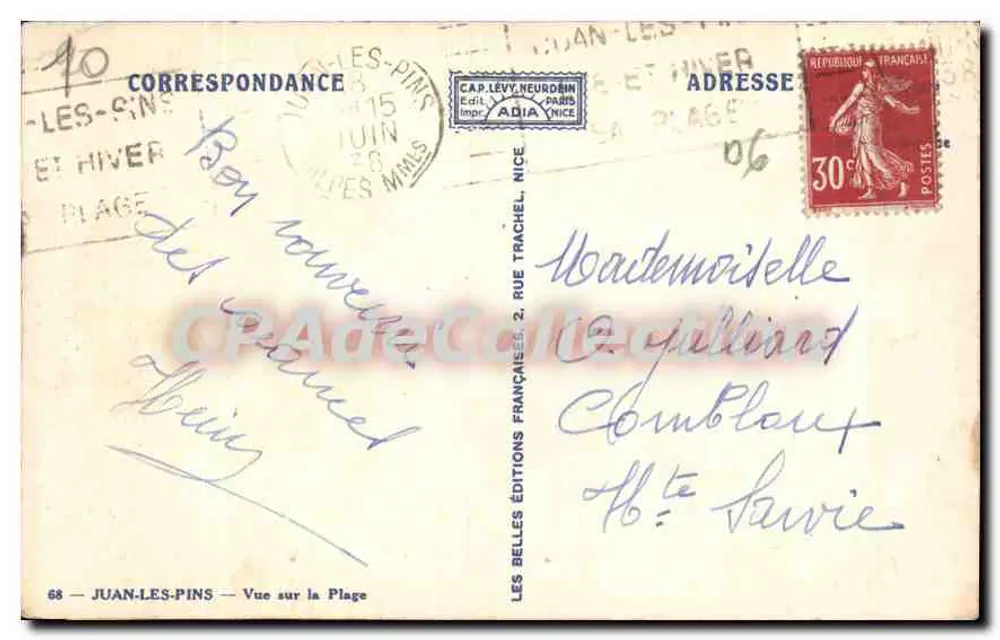 Juan-les-Pins — Ansicht der Strand — Editions Adia, Nr. 68 - Rückseite