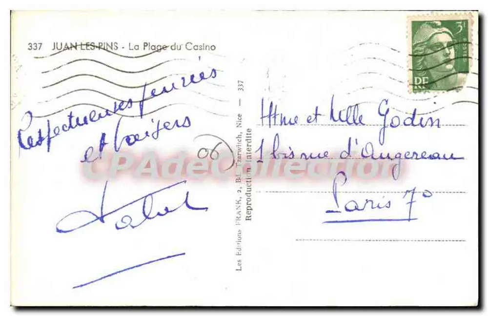 Juan-les-Pins — Ansicht der Casino-Strand — Les Editions FRANK, 2, Bd. Tzarwich, Nice — n° 337 - Rückseite