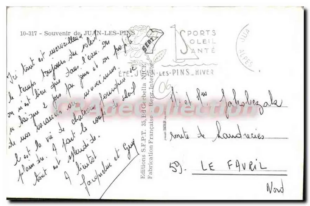 Juan-les-Pins — vista panorâmica da praia e dos hotéis — Éditions S.E.P.T. 35, Ed. Garbella - Verso