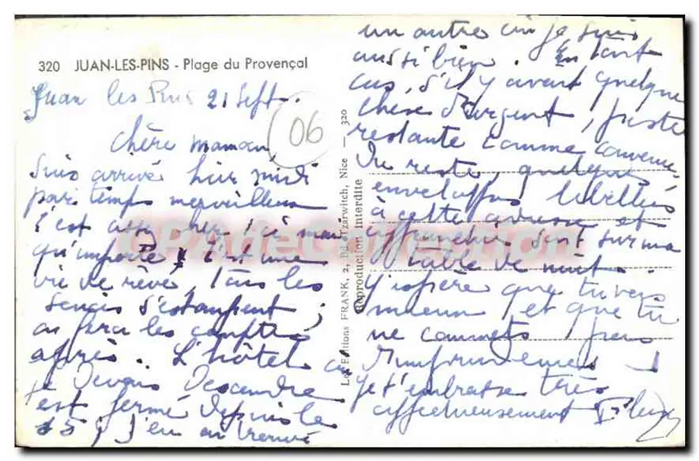 Juan-les-Pins — Praia do Provencal — Editor L. B. Frank, n° 320 - Verso