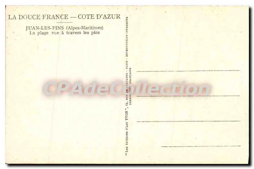 Juan-les-Pins — Die Strandansicht durch die Kiefern — Éditions d'Art Yvon, Paris - Rückseite