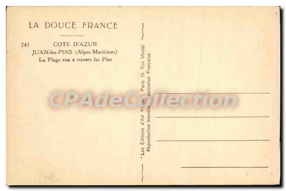 Juan-les-Pins — Blick auf den Strand durch die Kiefern — Les Éditions d'Art Yvon, Paris - Rückseite
