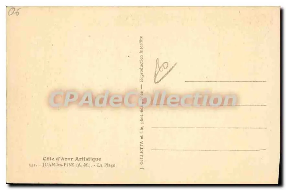 Juan-les-Pins — A Praia — J. Gilletta, n° 652 - Verso