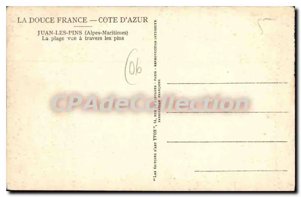 Juan-les-Pins — Blick auf den Strand durch die Kiefern — Les Éditions d'Art Yvon, Paris - Rückseite