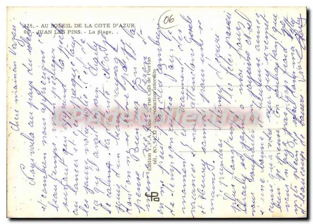 A praia de Juan-les-Pins — Costa Azul — Edição Y. A. Allice, Rue Calès de Pierlas - Verso