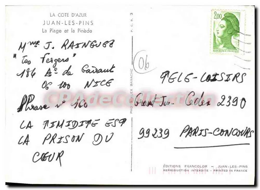 Strand von Juan-les-Pins — Blick in den Pinienwald — Éditions Francolor, Serie P.C.R. 3 - Rückseite