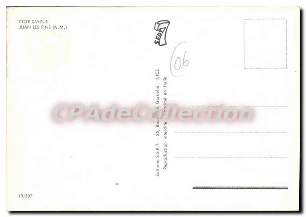 Juan-les-Pins — vista panorâmica e jardim — Souvenir de Juan les Pins, Éditions S.E.P.T. - Verso