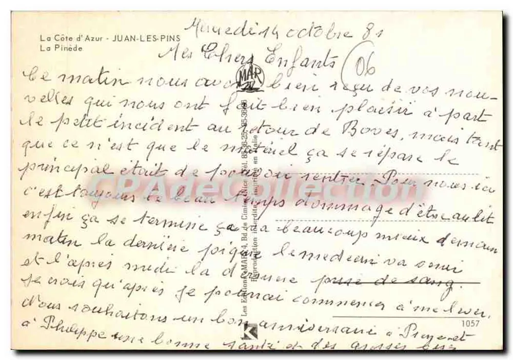 La Pinède Place — Juan-les-Pins — uitgever MAR, n° 1057 - Achterkant