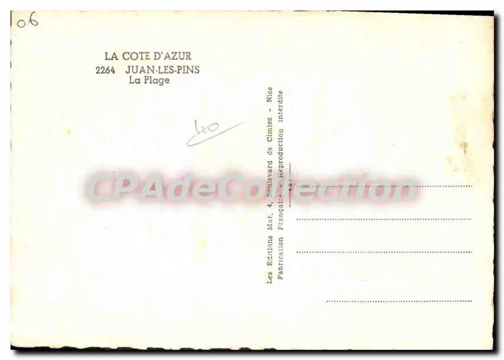 Juan-les-Pins — A Praia — Edições Mar. 4, boulevard de Cimiez, Nice - Verso
