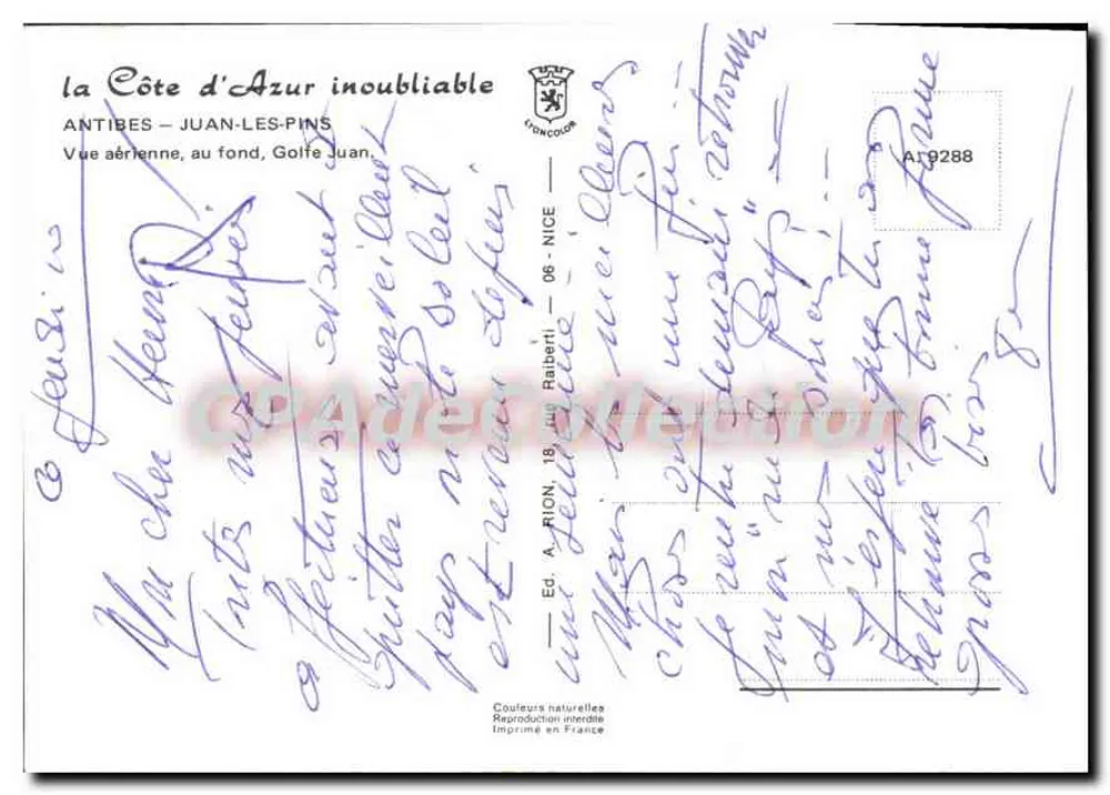 Antibes - Juan-les-Pins — Luftbild, im Hintergrund Golf von Juan — Verlag A. Rion, Nr. 9288 - Rückseite