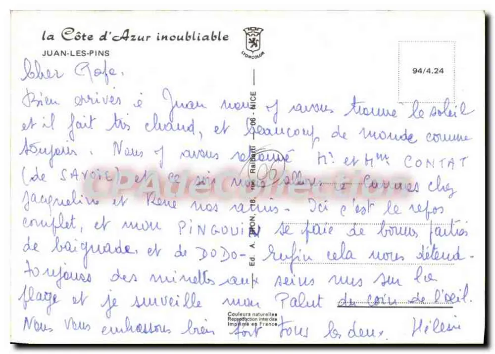 Juan les Pins — vista aérea e barcos a vela — editor Lyoncolor, n° 94/4.24 - Verso