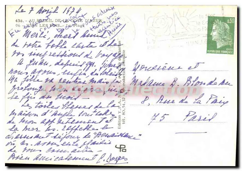 Praia de Juan-les-Pins — Editor Y. P. N. — N° 438 - Verso