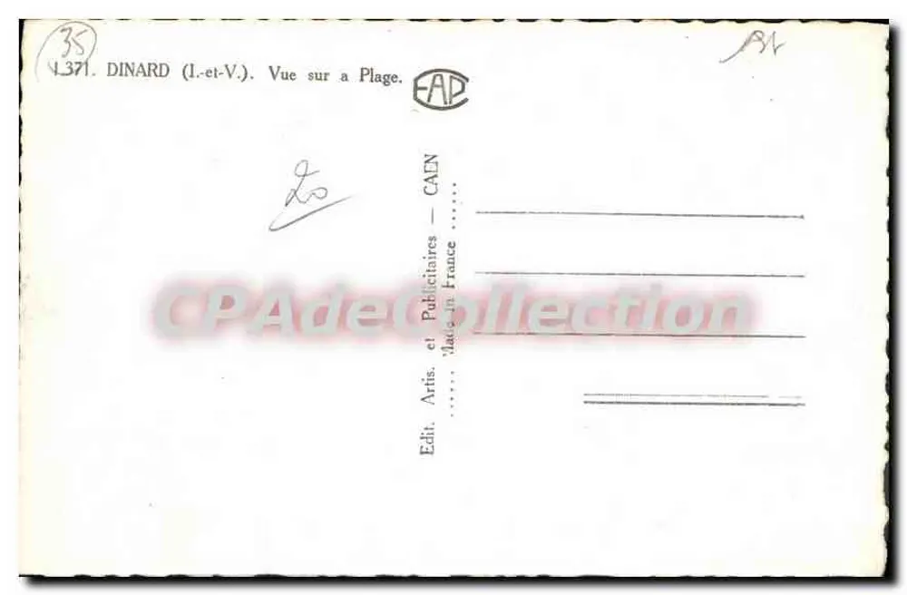 Dinard — Vista da Praia — Ed. Artis. e Publicitaires — n° 1371 - Verso