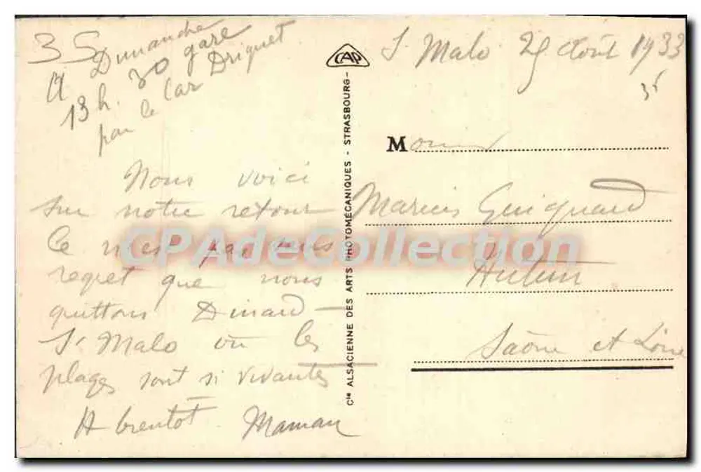 Dinard - A Ponta da Malouine — Bilhete postal antigo n°15, editor Alsatienne des Arts Photomécaniques - Verso
